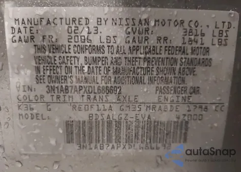 2013 Nissan Sentra Sl z USA, uszkodzony, nr VIN 3N1AB7APXDL686692